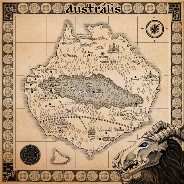 Map of Austrális — bordered edition with a Duskwalker's gaze